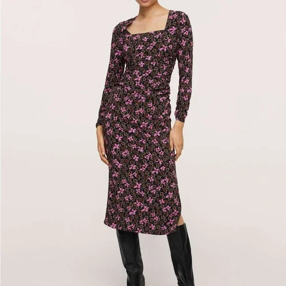 Mango | Dresses | Mango Women Black Pink Floral Bodycon Midi Dress Size 8 |  Poshmark